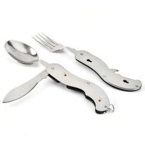 4 In 1 folding Outdoor cutlery Set Camping Cooking Supplies Stainless Steel